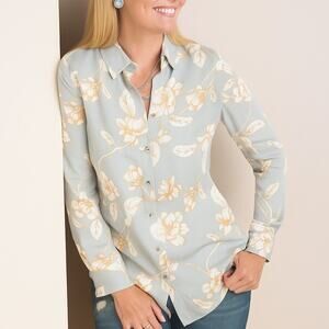 Chico's Sandwash Floral Print Long Sleeve Button Up Shirt Blouse Blue